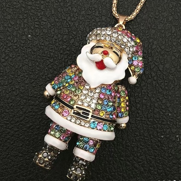 NWT Santa Claus Multi Color Rhinestone Pendant Necklace With Gold Chain - Picture 1 of 8